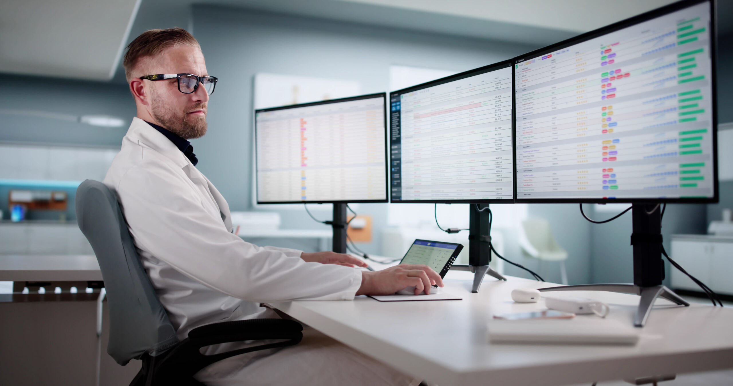 Hospital administrative workstation with staff member working at dual computer monitors displaying data