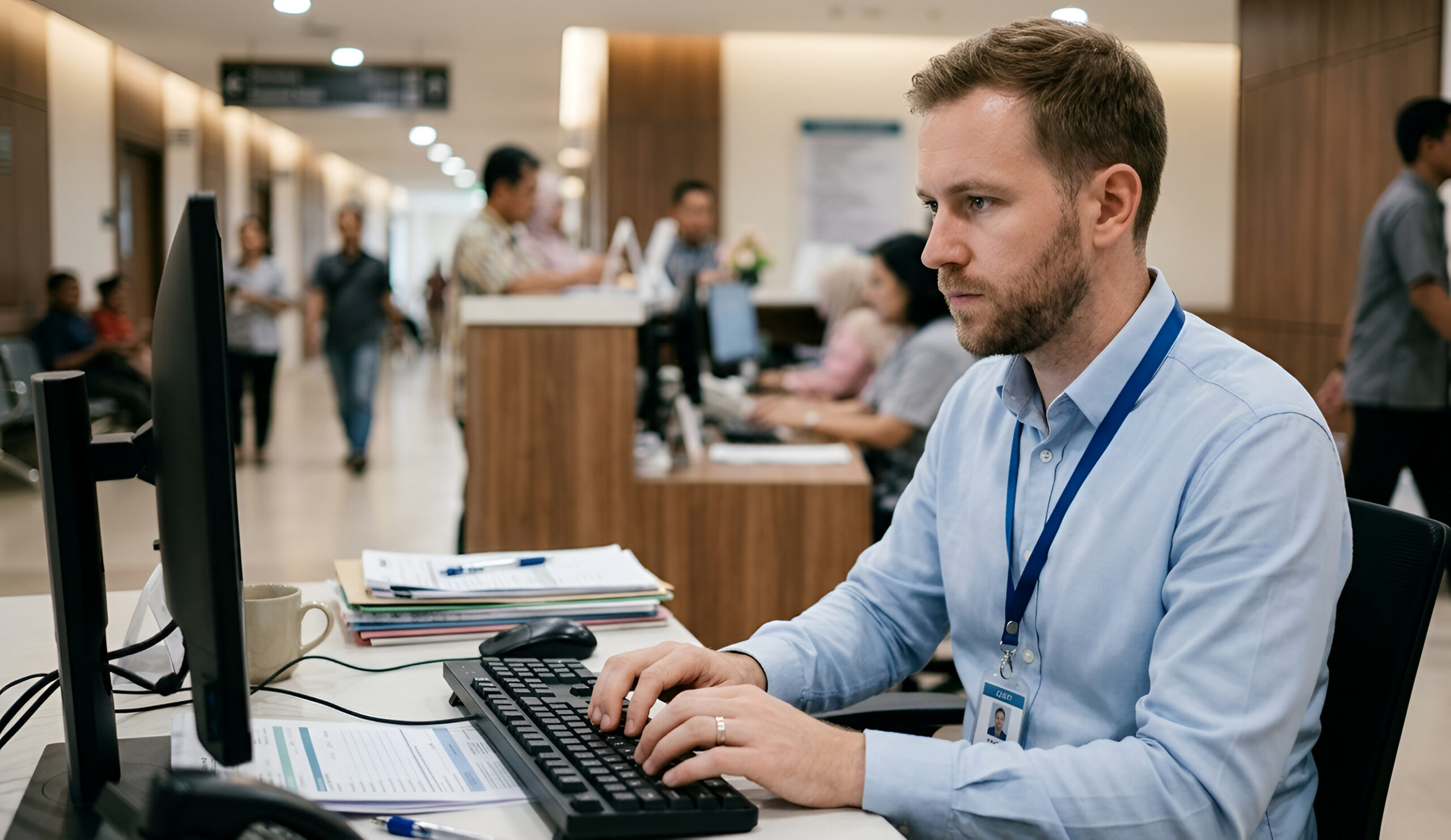 Hospital operations staff member working at a computer workstation inside a hospital setting