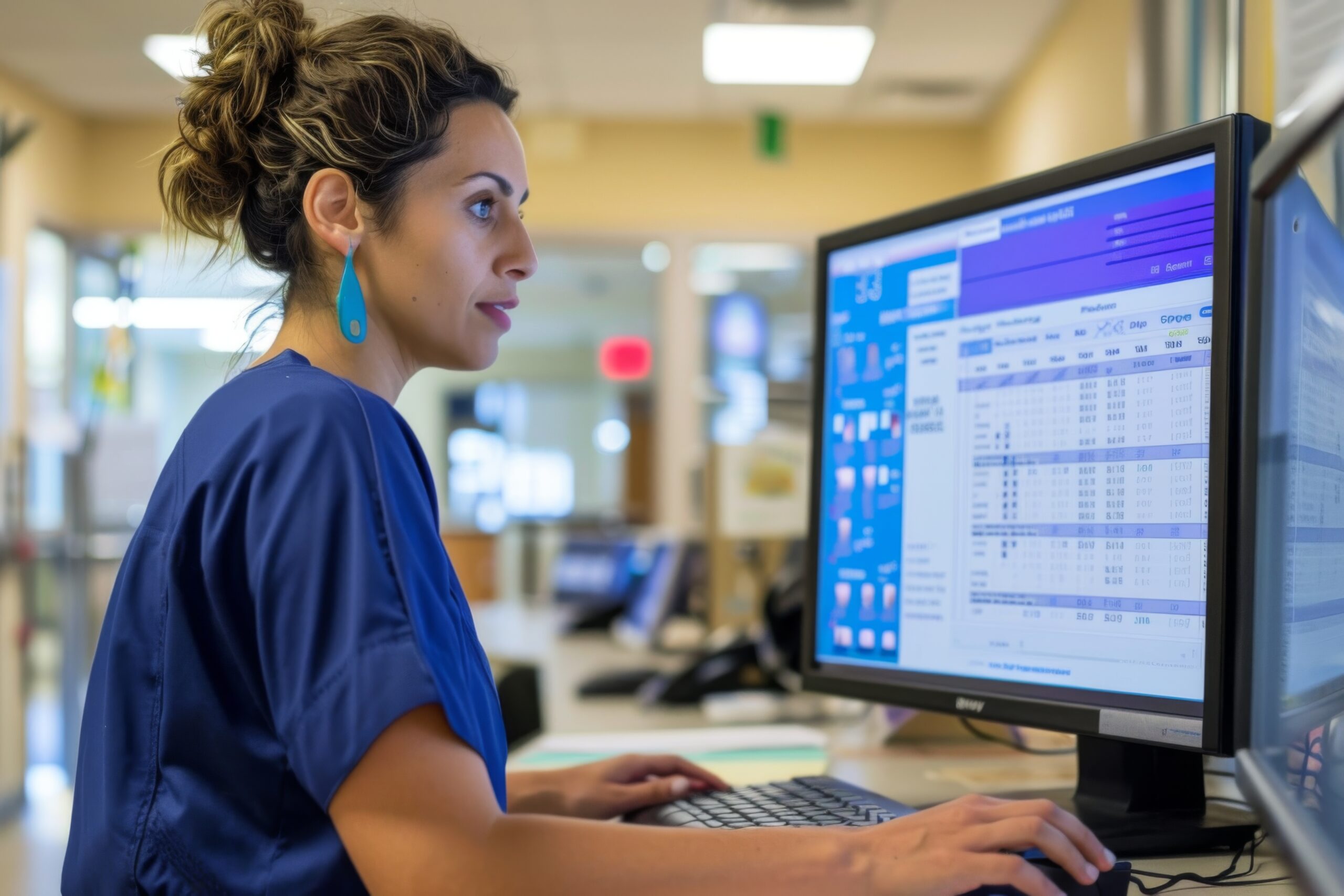 Hospital staff member working at a computer workstation with a large monitor displaying tabular data in a hospital environment