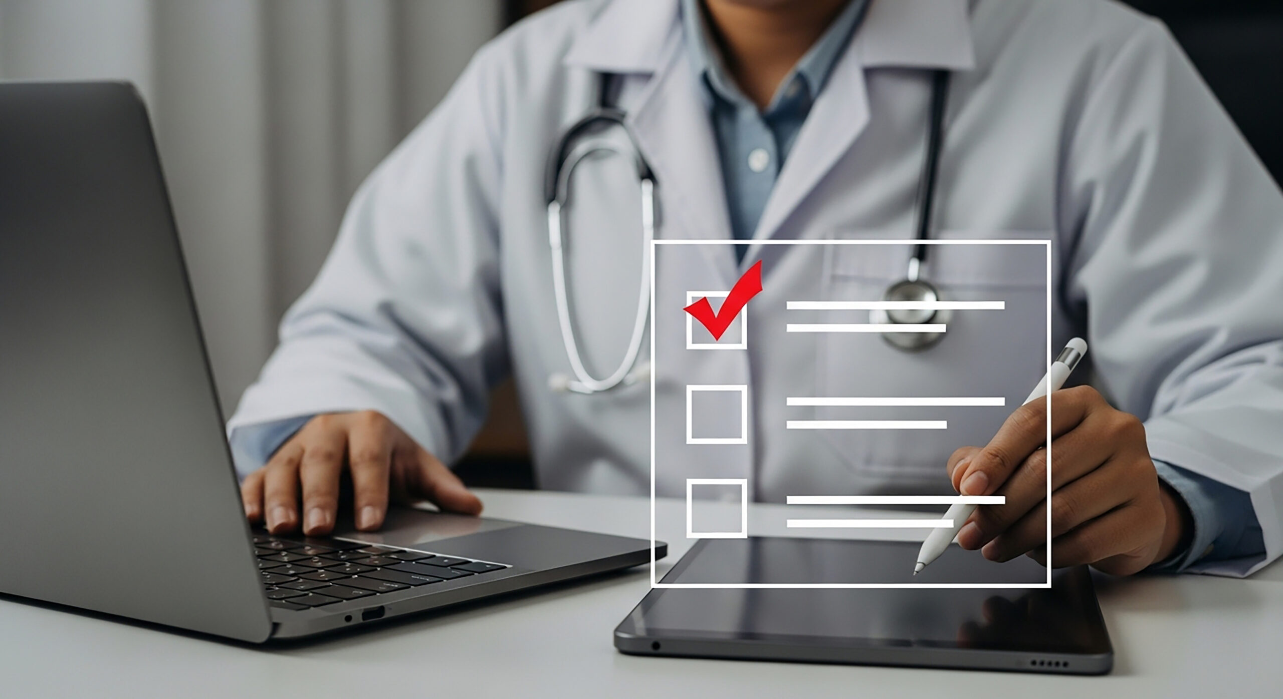 Clinician reviewing structured clinical documentation and checklist items on a laptop and tablet