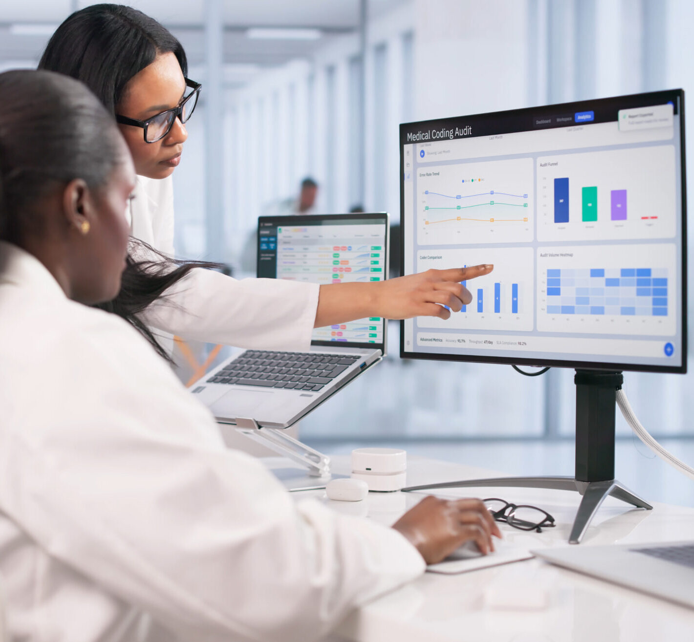 Medical coding audit and revenue cycle analysis on healthcare system dashboard